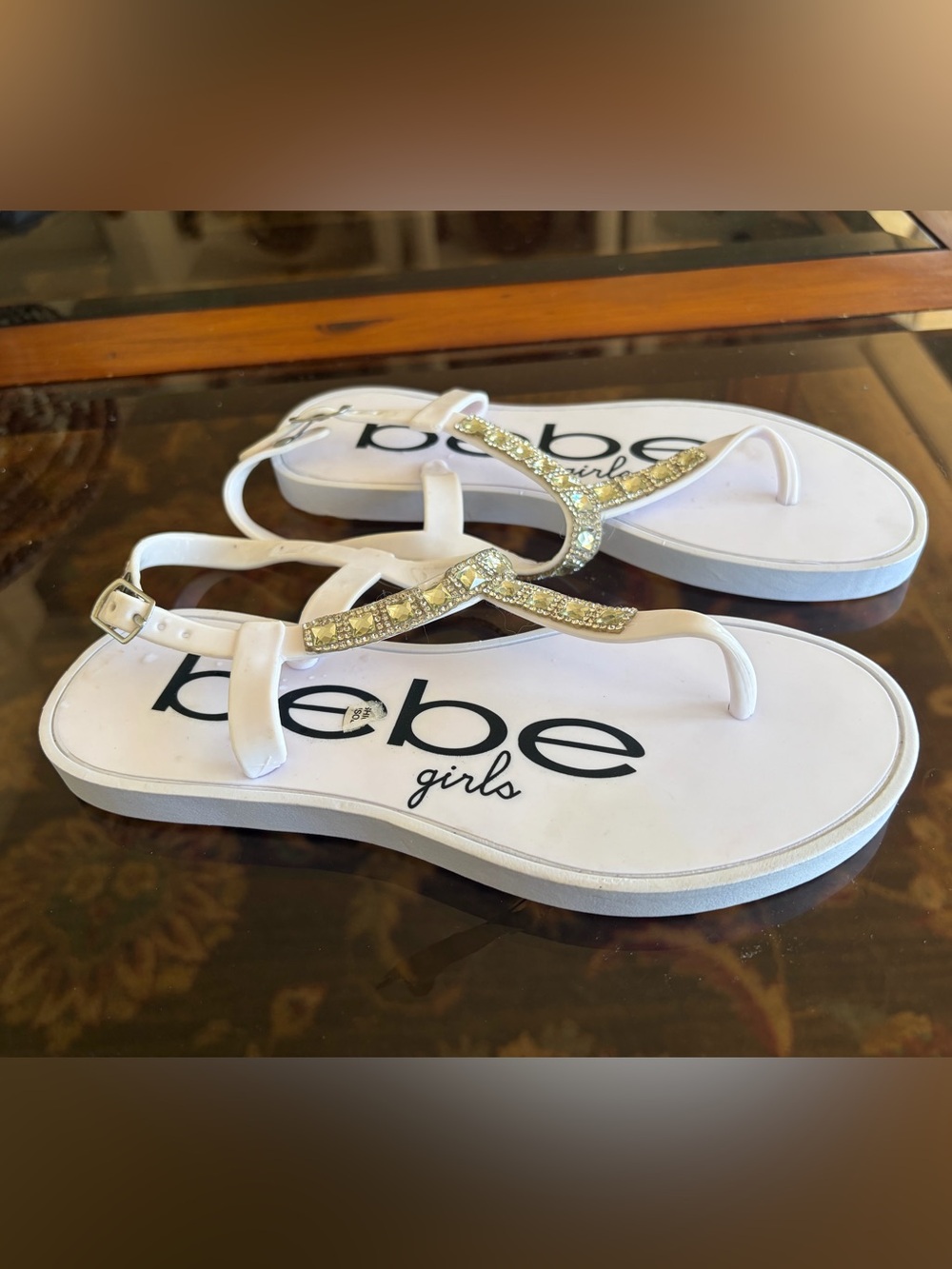 BebeWhite Girls Jeweled T-Strap Flat d Sandals Size 13/1 M